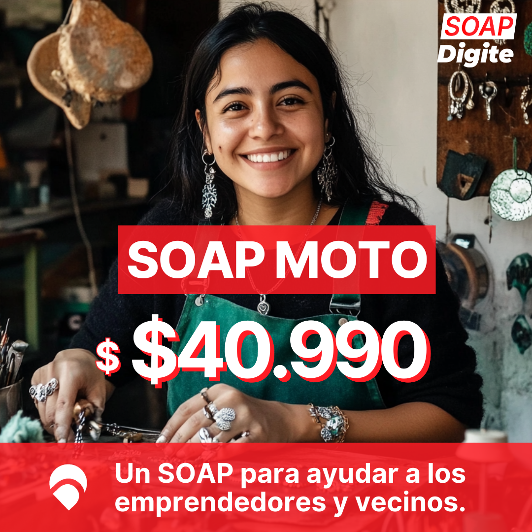 Mujer emprendedora sonriente en su taller de joyería con anuncio de SOAP MOTO a $40.990 de SOAP Digite.